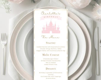 Princess Castle Birthday Menu Template, Editable Printable (Canva)