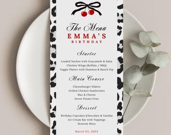 Cheetah Leopard Menu, Black White Animal Print, Modern Coquette Party (Instant Download).