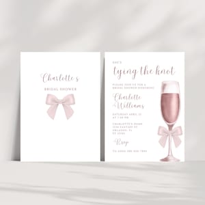 Bridal Shower Invitation Template, She&#39;s Tying The Knot, Modern Bow Bridal Brunch Invite, Minimalist Champagne Bridal Shower Editable Invite