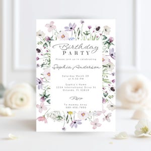 Wildflower Birthday Party Invitation, Meadow Floral Woman&#39;s Birthday Invite, Cottage Floral Birthday Invite, Editable Template, Boho Party