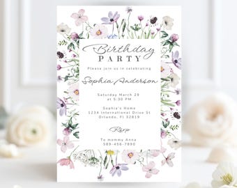 Wildflower Birthday Invitation, Boho Floral Template (Digital Download)