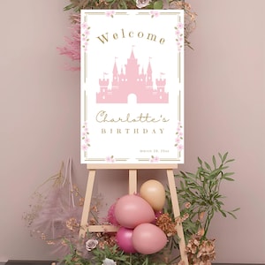 Placa de boas-vindas para impressão de princesa, pôster de boas-vindas para festa de aniversário, aniversário de menina, placa de boas-vindas para castelo, 3 tamanhos