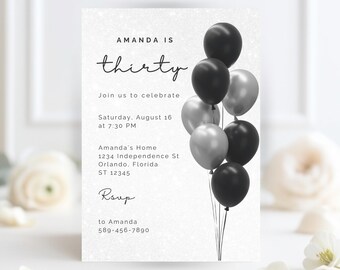 Elegant Black and White Balloons Birthday Invitation Template (Digital)