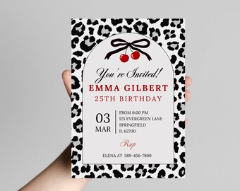 Cheetah Black White Birthday Invitation, Coquette Cherry Bow Animal Print (Editable Canva Template).