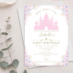 Once upon a time Birthday Party Invitation, Girl First Birthday Invite, Princess Birthday Party invite, 1st Birthday Editable Template Canva