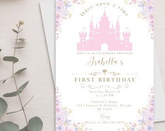 Princess Castle First Birthday Invitation, Editable Canva Template (Digital Download)