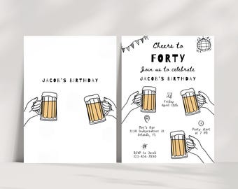 Cheers to 40th Birthday Invitation, Beer Theme (Digital Template)