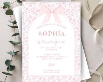Pink Bow First Birthday Invitation, Floral Toile, Editable Template