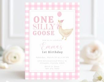 Silly Goose First Birthday Invitation, Pink Girl Invite (Digital Download)