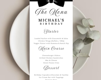 Black Bow Birthday Menu Template, Modern Coquette Party, Minimalist (Instant Download)