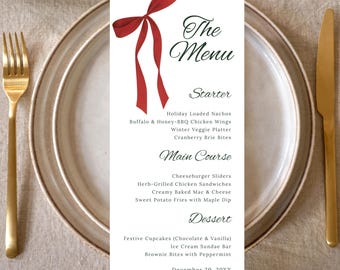 Editable Christmas Menu Template, Red Bow, Elegant Holiday Party (Digital Download).