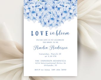Dusty Blue Hydrangea Bridal Shower Invitation, Floral Garden (Digital Download)