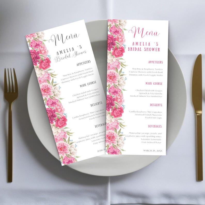 Pink Floral Bridal Shower Menu, Editable Template (instant Download) - Etsy