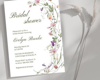Boho Bridal Shower Invitation, Blush Floral Garden Theme (Editable Template), Canva Template