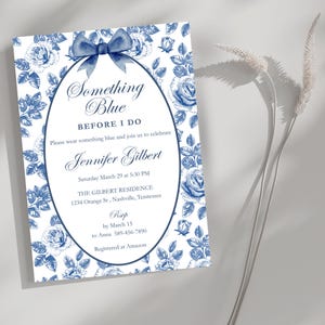 Something Blue Before I Do Bridal Shower Invitation, Printable Bridal Brunch Invite, Editable French Toile, Vintage Floral Wedding Shower