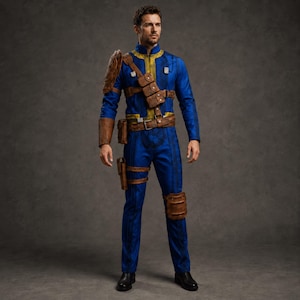 May include: A blue jumpsuit with yellow accents, brown leather straps, and pouches. The costume includes a shoulder pad, belt, and knee pads. The outfit is reminiscent of a post-apocalyptic video game character.