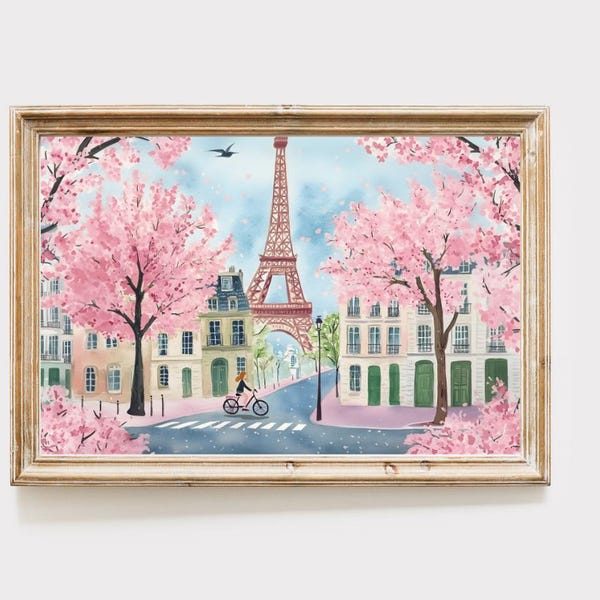 Pink Paris Spring Illustration: Eiffel Tower, Girl on Bike (Digital Download)