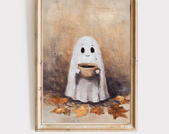 Halloween cute ghost with coffee print, fall hosting decor, spooky art, whimsigoth decor, halloween printables, digital download
