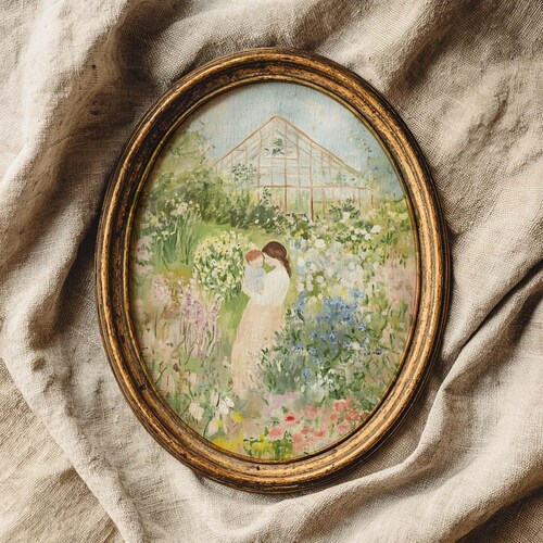 Art mural amateur de jardin pour la fête des mères, art de la maternité, impression maman et enfant, décor cottagecore, illustration de jardin de fleurs, téléchargement numérique