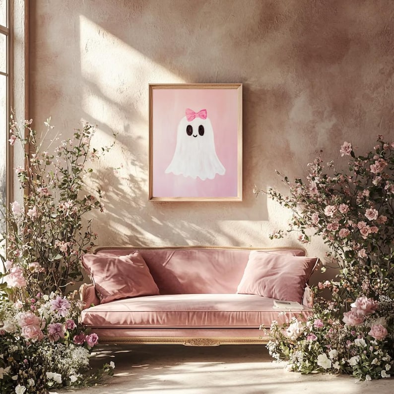 Pink Halloween Ghost Art Print: Coquette Fall Decor (digital Download ...