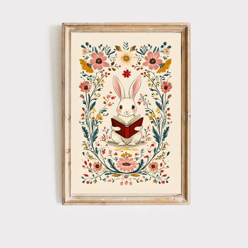 Folk Art Bunny Reading Wall Art, Book Nook Decor, Bunny Cottagecore ...