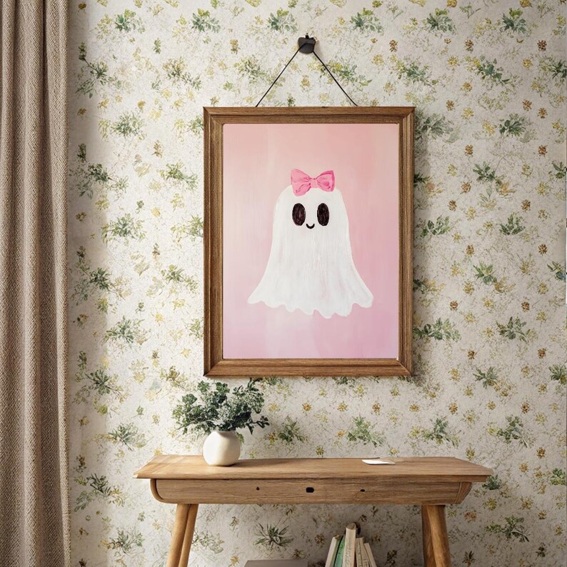 Pink Halloween Ghost Art Print: Coquette Fall Decor (digital Download ...