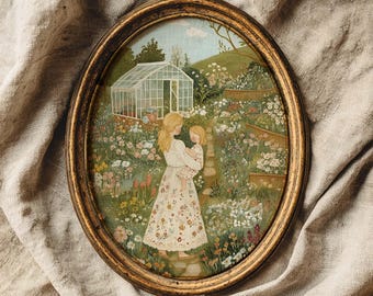Konsttryck med mor och barn i trädgården: Cottagecore Decor (digital nedladdning)