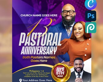 Modello di volantino per l'anniversario pastorale, programma della chiesa, Canva Photoshop (download digitale)