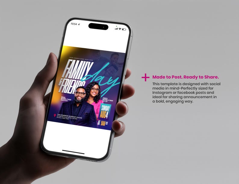 May include: A smartphone displays a colorful event flyer with the text "Family & Friends Day." The flyer features images of two people and the date "Sunday Aug 4." The phone is held in a hand against a gray background. Text on the right says "Made to Post. Ready to Share."