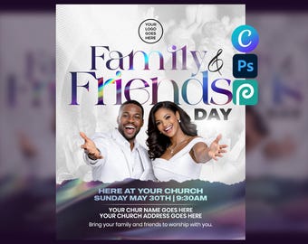 May include: A flyer for Family & Friends Day featuring a smiling man and woman in white clothing with arms outstretched. The text includes "Family & Friends DAY", "HERE AT YOUR CHURCH", "SUNDAY MAY 30TH | 9:30AM", and placeholders for church details.