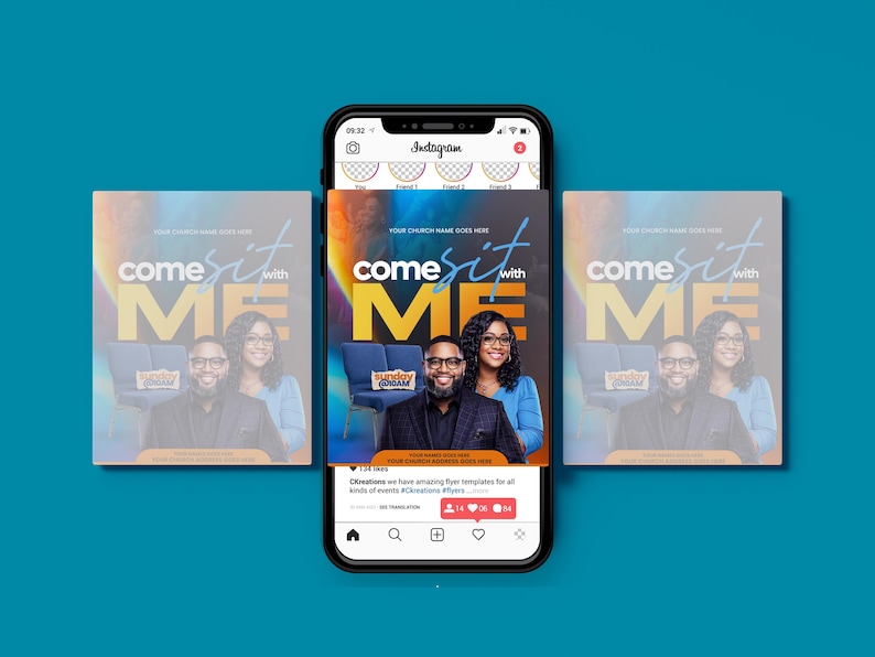 Pu&ograve; includere: Uno smartphone mostra un post di Instagram con un design di volantino. Il volantino presenta il testo "Come Sit With Me" in un font stilizzato, con una foto di un uomo e una donna. Lo sfondo &egrave; una sfumatura di arancione e blu.