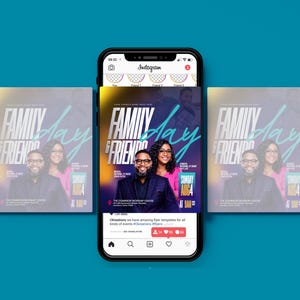 May include: A smartphone displays a flyer for "Family Day & Friends" with a couple in the center. The flyer has a purple and yellow gradient background with the event details, including the date, Sunday, Aug 4, and time, 9 AM.