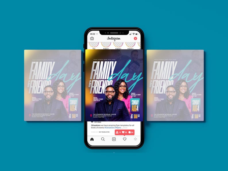 May include: A smartphone displays a flyer for "Family Day & Friends" with a couple in the center. The flyer has a purple and yellow gradient background with the event details, including the date, Sunday, Aug 4, and time, 9 AM.