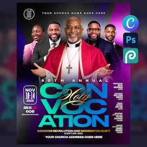 May include: A digital flyer for a 60th Annual Holy Convocation event featuring a central figure in a red clerical robe with a cross necklace, surrounded by four people in suits. The purple and black background includes event dates, speaker names, and times.