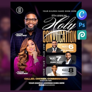 May include: A flyer for the 5th Annual Holy Convocation featuring portraits of Pastor Kenny Wart and Pastor Karen Wart. The text includes event dates May 6th-8th, 202X, and guest speakers Rick Warren, James Scott, and Joyce Gray with their respective dates.