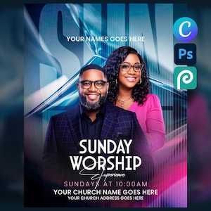 May include: A promotional poster with a blue and pink gradient background. The poster features two people, a man and a woman, both wearing glasses. The text "SUNDAY WORSHIP" is prominently displayed, along with the text "YOUR NAMES GOES HERE", "SUNDAYS AT 10:00 AM", and "YOUR CHURCH NAME GOES HERE".