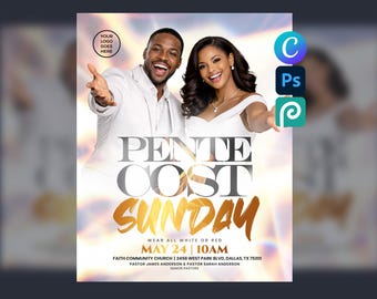 May include: A church event flyer for Pentecost Sunday featuring a smiling couple in white attire. The text reads PENTECOST SUNDAY, WEAR ALL WHITE OR RED, MAY 24 | 10AM, FAITH COMMUNITY CHURCH, 2458 WEST PARK BLVD, DALLAS, TX 75201, PASTOR JAMES AND SARAH ANDERSON.