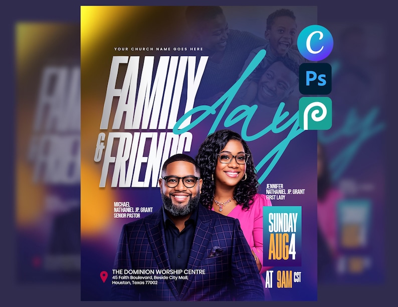 May include: A promotional flyer for a church event, featuring the text "Family & Friends Day." The design includes images of smiling people, with the names of the pastor and first lady. The event is scheduled for Sunday, August 4th, at 9 AM CST.