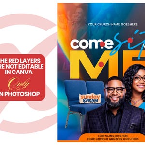 Pu&ograve; includere: Un poster promozionale con il testo "Come Sit With Me" in giallo e blu. Il poster presenta una coppia sorridente, una sedia blu e il testo "Sunday @10AM". I livelli rossi non sono modificabili in Canva, solo in Photoshop.