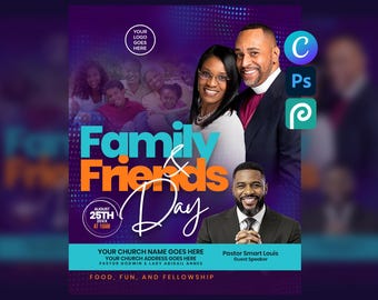 May include: A purple flyer for Family & Friends Day on August 25th at 10AM. It features photos of a couple and a man labeled Pastor Smart Louis, with text for church name, address, Pastor Godwin & Lady Abigail Annes, and Food, Fun, and Fellowship.