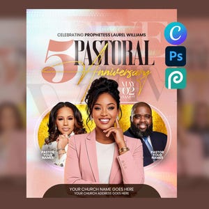Op de afbeelding: Een digitale flyer-sjabloon voor een 5e pastoraal jubileum met tekst die Celebrating Prophetess Laurel Williams, 5 Pastoral Anniversary, May 02, Pastor Your Names en Your Church Name Goes Here leest, met drie personen.