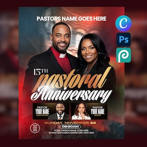May include: A digital flyer template for a 15th Pastoral Anniversary event. It features a man and woman in the center, with text placeholders for names, guest speakers, date, time, and address. The design includes red and dark tones.