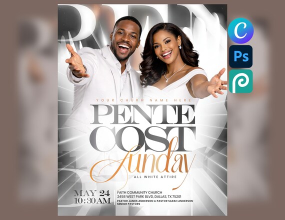 Pentecost Sunday Flyer Template | Editable Canva & Photoshop PSD | Holy Spirit Fire Revival Church Service Flyer | Worship Event Design