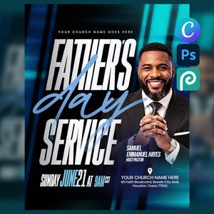 Father's Day Service Flyer, Pastor Speaker Event, Editable Church Poster (Canva, PSD)