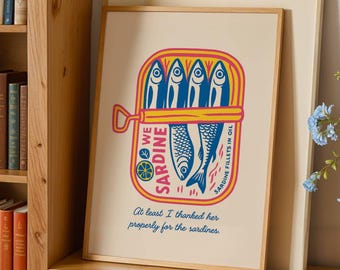 Sardine Art Print Quirky Wall Decor Kitchen Wall Art Seafood Lover Gift Retro Food Poster Fun Home Decor Coastal Kitchen Print