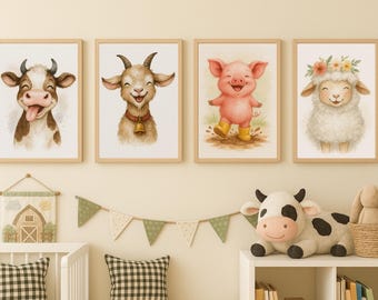 Farm Animals Wall Art Set Cute Nursery Print Animal Nursery Print Set Teddy Bear Nursery Set of 4 Babyshower Gift Digital Download