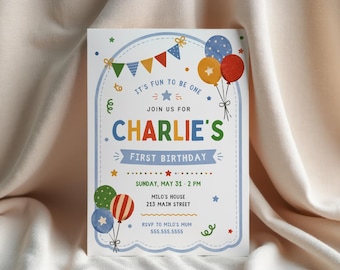Its Fun to Be One First Birthday Invitation Template Editable Boy 1st Birthday Party Invite Colorful Balloon Bunting Printable Download