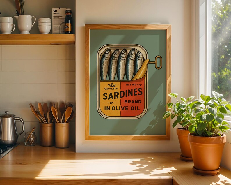 Sardine Print Retro Art Gift for Him Kitchen