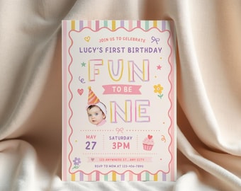 Fun To Be One Girl Photo First Birthday Invitation Template Editable Pink Stripe 1st Birthday Party Invite Pastel Printable Download