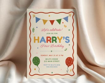 Retro Boy First Birthday Invitation Template Editable Colorful Bunting 1st Birthday Party Invite Balloon Confetti Printable Download